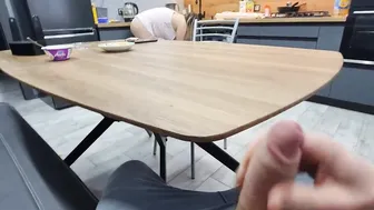 Stepsister noticed me masturbating my fat penis under the table