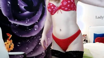 Goddess MILF take off dress and stay topless into red thongs and pantyhose