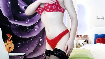 Goddess MILF take off dress and stay topless into red thongs and pantyhose