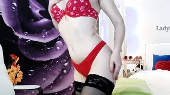 Goddess MILF take off dress and stay topless into red thongs and pantyhose