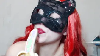 Deep blowing a banana and dancing nude
