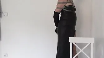 Glamour Lady bound up inside leather evening gown