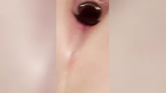 Plugged bimbo chokes on huge cock