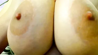 sexy cougar into red top rubs big breasts with oil and suck huge latex cock