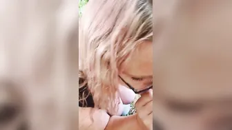 Fiance give blow job into the park. Cum on face and glasses.