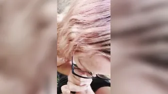 Fiance give blow job into the park. Cum on face and glasses.