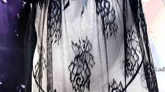 Red Haired Goddess performance close-ups booty into thongs inside transparent Dress