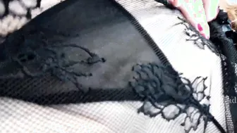 Red Haired Goddess performance close-ups booty into thongs inside transparent Dress