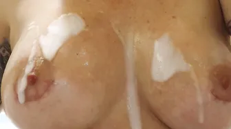 Soapy hooters washing my new huge boobs inside the hot tub