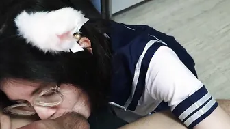 Adorable chan with cat ears into a Bae costume was