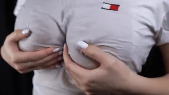 Dripping T-shirt fellatio from a big tit women gigantic nipples