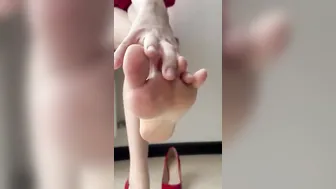 Blonde inside red polish shoes take of her panty