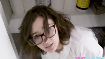 Small nerdy bimbos hides from a huge penis