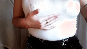 Oiling the melons of a German college girl. Dripping t-shirt Lara