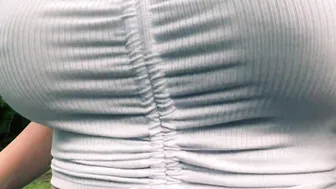 Wife walking braless inside WATCH THRU SHIRT Showing nipples