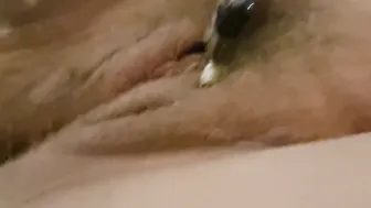 Swedish BBW Bushy cunt spread and squirting by big black cock toy and buttplug