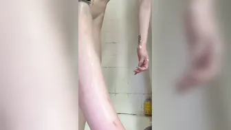 Shaving the legs with anal plug