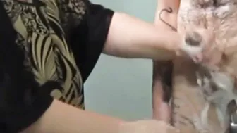 washes penis and jerks it off into the restroom