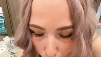 Big Titted Bitch plays with milk while blowing Vibrator Penis