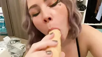 Big Titted Bitch plays with milk while blowing Vibrator Penis
