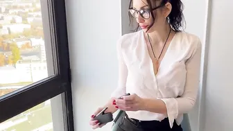 Freaky secretary blows on the restaurants table