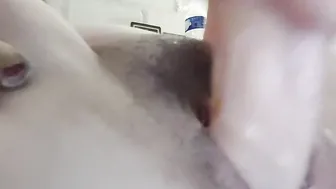 Fucking myself with toy and gotten a soak creamy cunt. Close up