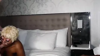 Submissive ebony cuck watches his GF take white dick