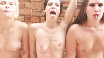 three drooling public whores repeatedly sticking their TONGUES out and having fun with their own SPIT