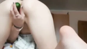 Pervert blonde beauty with huge tits plays with her anus with a huge cucumber