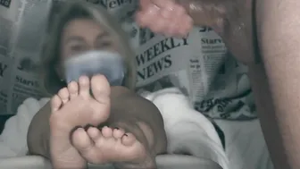 The impotent tried to jerk off limp cock on his gfs foot but could not CFNM