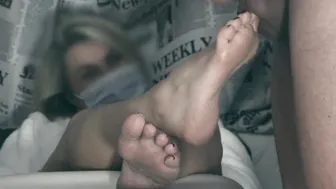The impotent tried to jerk off limp cock on his gfs foot but could not CFNM