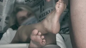 The impotent tried to jerk off limp cock on his gfs foot but could not CFNM