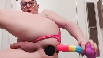 Sissy on Valentine plays with her shrimp clitty and pussy at home clothed inside pink panties
