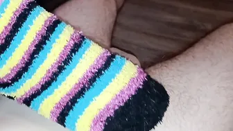 Cumming on her warm fluffy rainbow socks - Jake  Cassandra