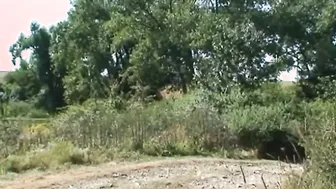 The blonde smokes a cigarette into the countryside