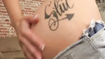 Tattooed POV Bombshell deepthroating into duo after showing body off