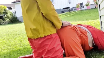 Fucking lusty cougar from behind into rainwear and pvc boots into the garden