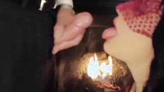 Fireside head: Handcuffed hotwife deepthroats and swallows every drop of cum