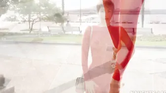 Morning walk into a transparent suit inside outdoor