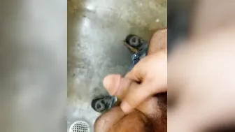 Busting a nut into outdoors toilet