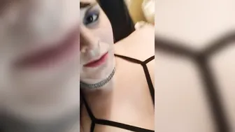 hot post op transsexual woman ejaculates with her sex toy and a huge glass plug in her