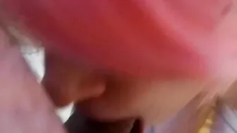 Little bimbo with pink hair is roughly screwed inside the mouth by her stepfather