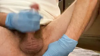 Fingers asshole with blue rubber gloves while jerking off a big load on myself