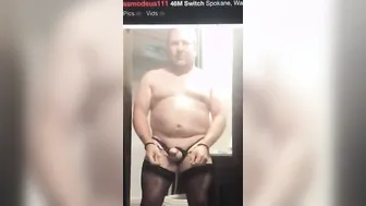 Brandon wearing thigh highs handcuffs and lingerie Fetlife post