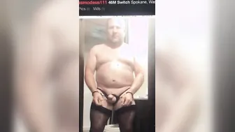 Brandon wearing thigh highs handcuffs and lingerie Fetlife post