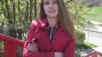 Outdoor Agent Nervous looking woman blows and fucks penis through