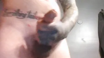 bondage tatted out penis busting a load out