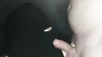 Woman blows juicy dick of her masked BF Cum without taking it out