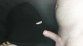 Woman blows juicy dick of her masked BF Cum without taking it out