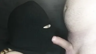 Woman blows juicy dick of her masked BF Cum without taking it out